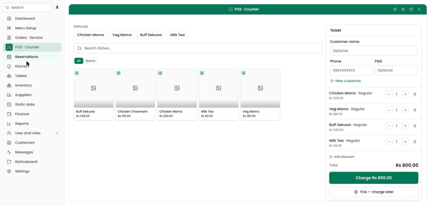 Cloudora Restro POS counter with a live ticket: momo, sekuwa and tea rung up, total Rs 800